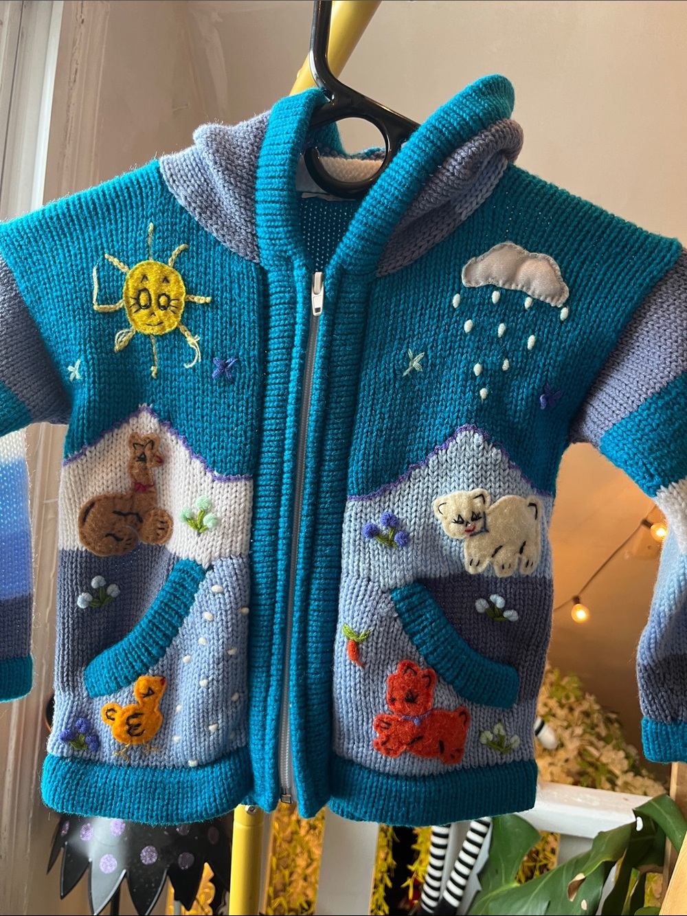 Handmade Kids Hooded Zip Sweater with Animal Appliqués - Teal & Light Blue